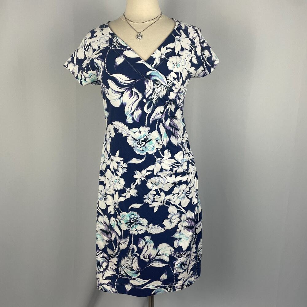 Soft Surroundings Shapely Faux Wrap Dress Medium Blue Floral Cotton Stretch Boho - Picture 2 of 12